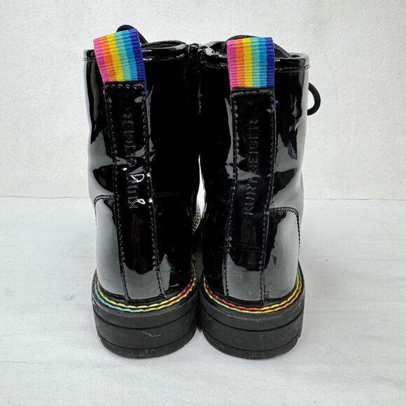 Kurt Geiger Girls Black Patent Leather Birdie Combat Boots Rainbow Accent Size 3 - Picture 7 of 12